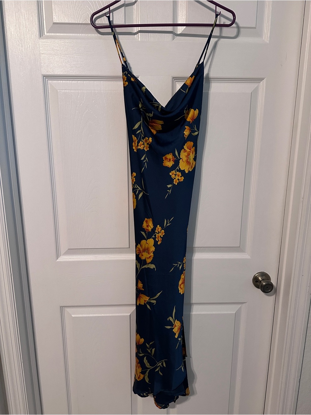 Astr Dark Teal Slip Dress with Gold Floral Print - Picture 2 of 6